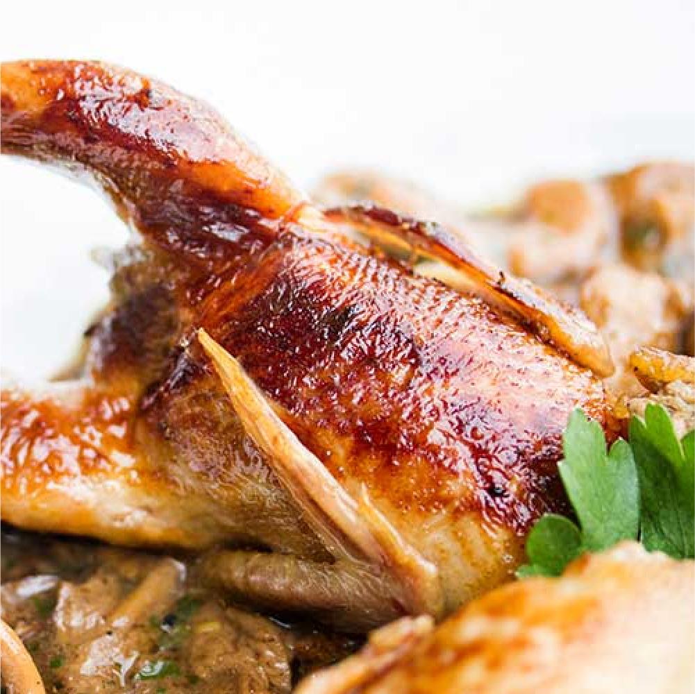 Roasted Quail with Wild Mushroom Gravy